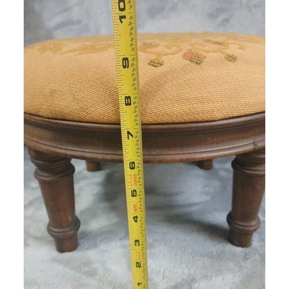 Vtg‎ Ethan Allen Wood Footstool Turned Leg Original Needlework Upholstery READ